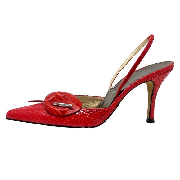 René Caovilla Red Python Slingbacks 38 Pointed Toe Flower Heels - Picture 1 of 9